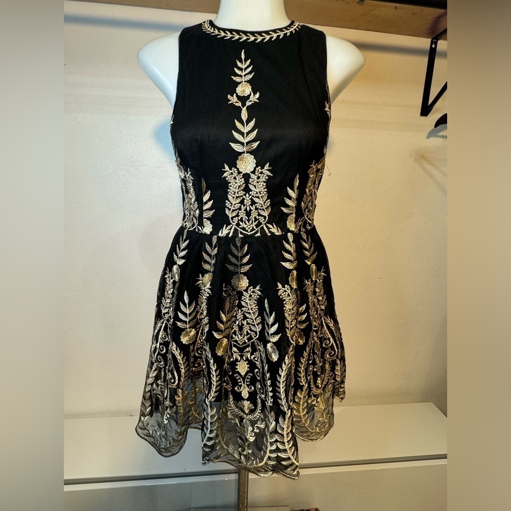 XS Altar'd State Dress Womens Small Black Gold Embroidered Floral tulle teacup - Picture 2 of 13